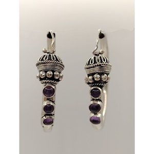 Sterling Silver 925 Vintage Exotic India Style Amethyst Large Hoop Earrings